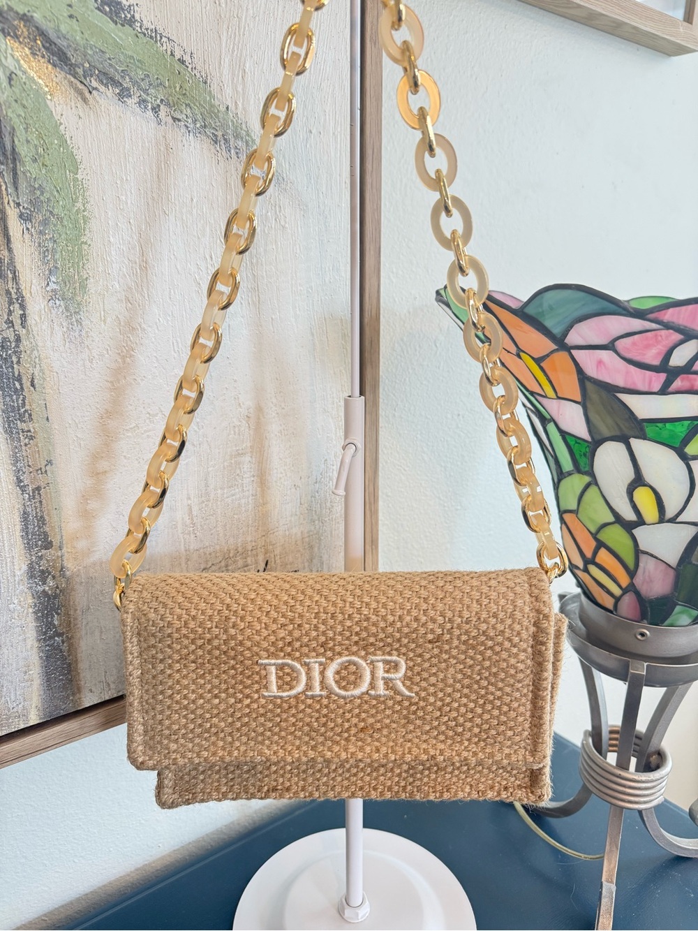 Dior Raffia Tan Woven Shoulder Bag with Gold Chain Strap